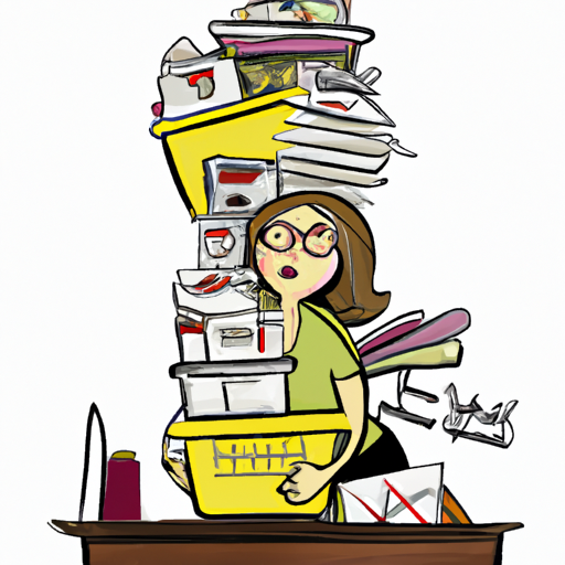 A Mom that keeps going up and down a stacked pyramid of boxes and bins. Every time she is almost to the top, more things are being dropped on the pile. Papers to sign, meals to cook, chores, shopping for food, and whatever else